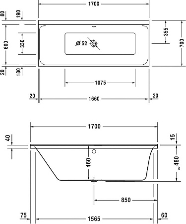 Акриловая ванна Duravit P3 Comforts SX 700373 L 170х70 700373000000000+790100000000000 - duravit shop